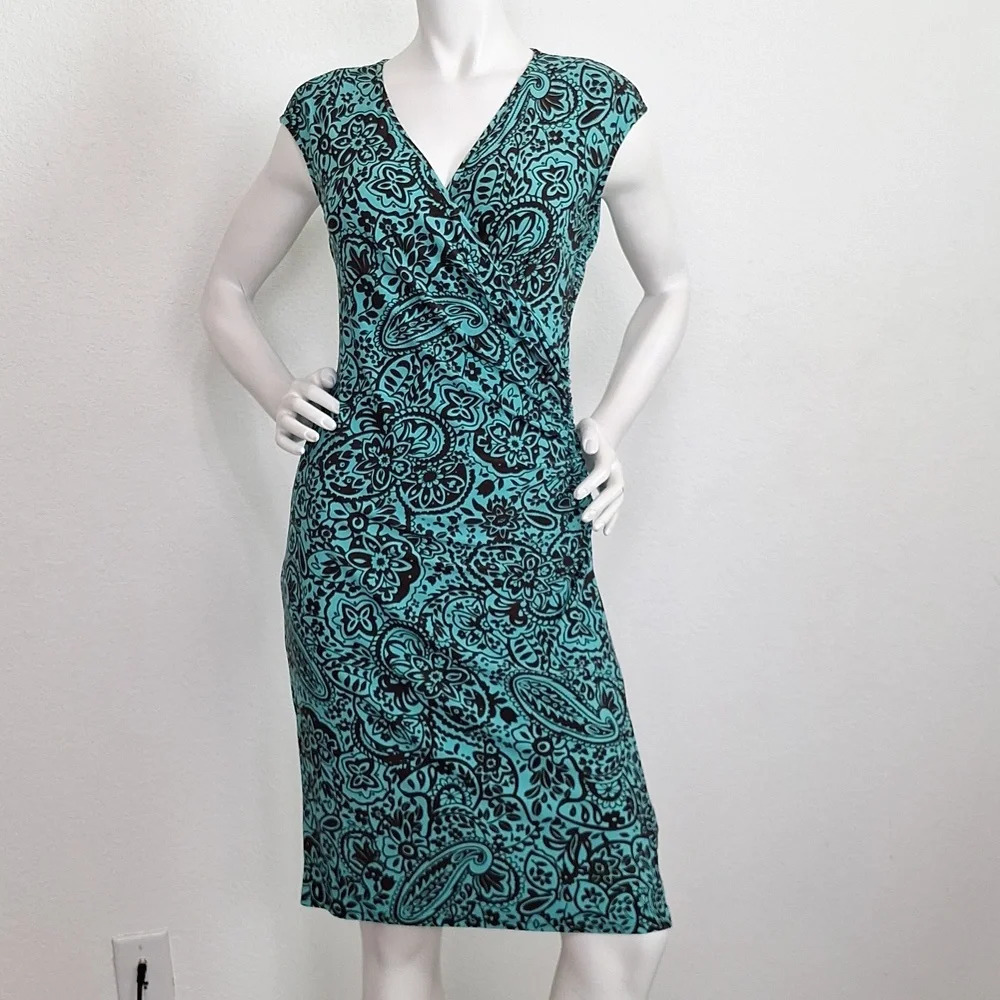 Chaps Green Brown Bohemian Paisley Cap Sleeves Modest Preppy Knee Length Dress S